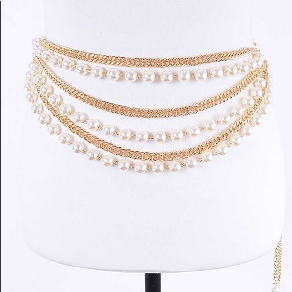 Gold Metal & Pearl Layer Statement Adjustable Chain Belt - Picture 1 of 1